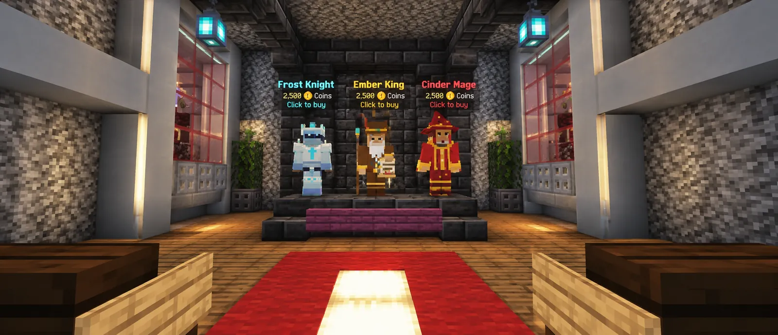 The Veyro cosmetics room with Frost Knight, Ember King and Cinder Mage